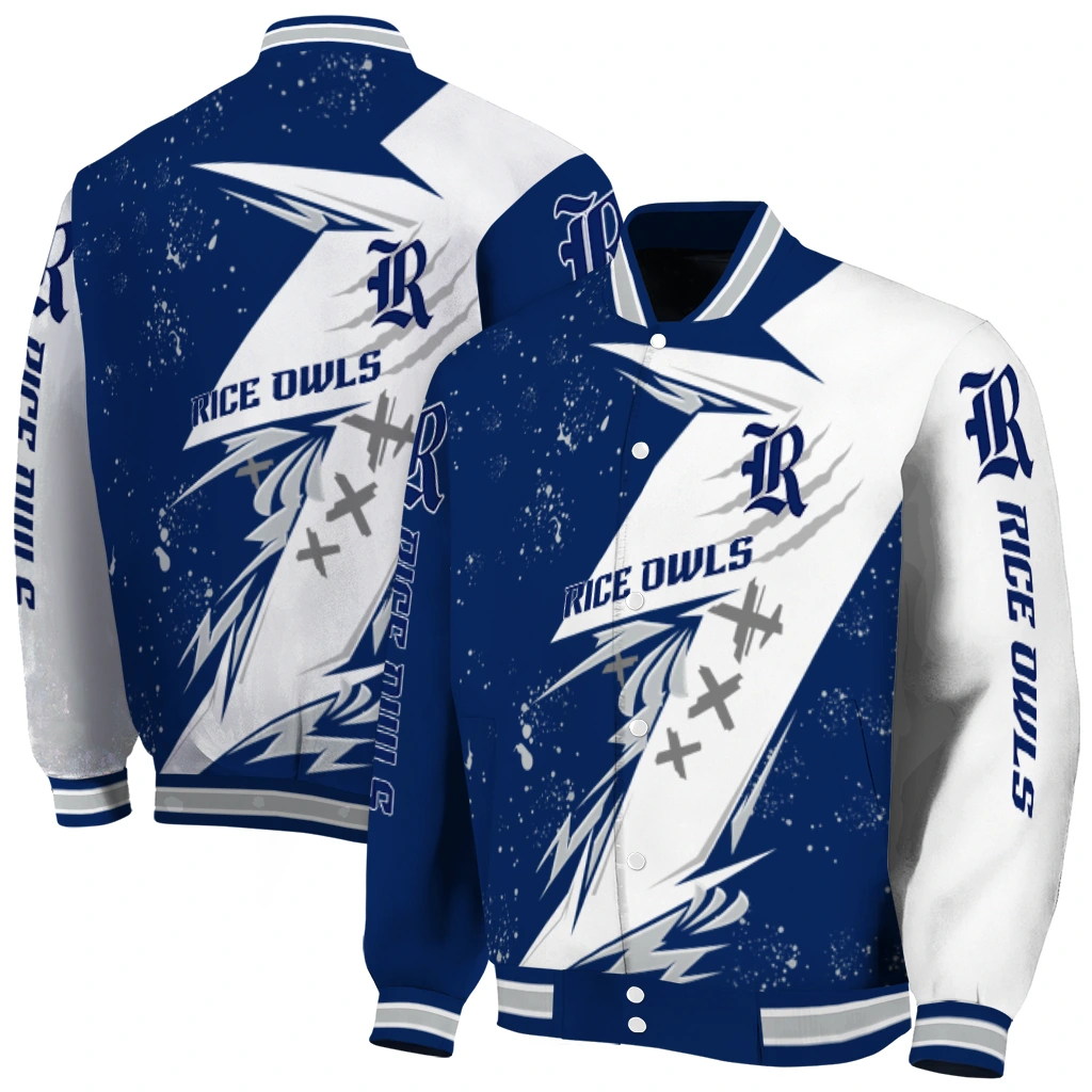 rice owls ripped bolt navy blue white varsity jacket fashion forward rice owls ripped bolt navy blue white varsity jacket fashion forward