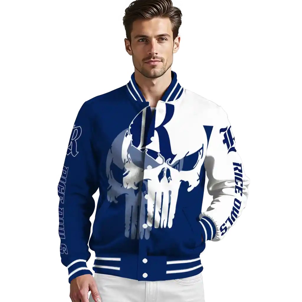 rice owls skull outline navy blue white varsity jacket high quality rice owls skull outline navy blue white varsity jacket high quality