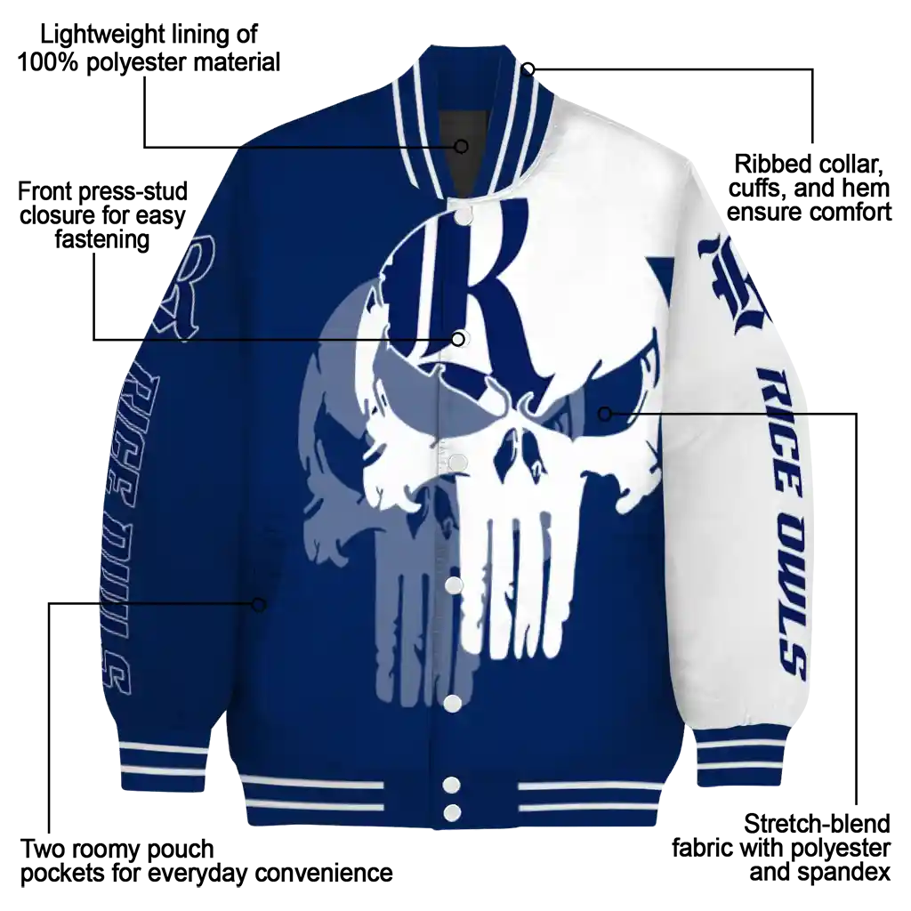 rice owls skull outline navy blue white varsity jacket new arrival rice owls skull outline navy blue white varsity jacket new arrival