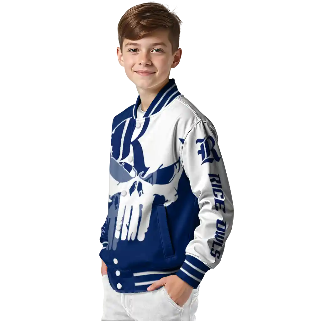 rice owls skull outline navy blue white varsity jacket trendy rice owls skull outline navy blue white varsity jacket trendy