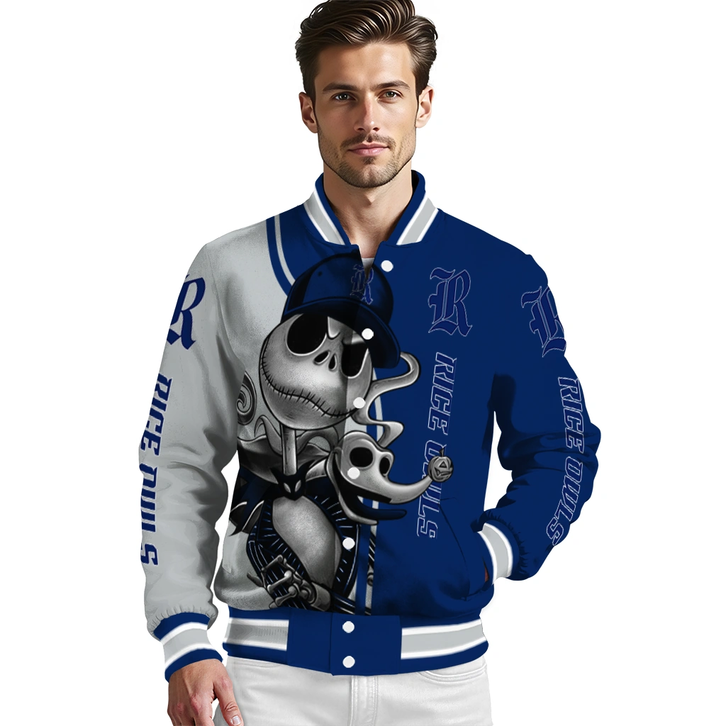 rice owls spooky grin navy blue varsity jacket high quality rice owls spooky grin navy blue varsity jacket high quality
