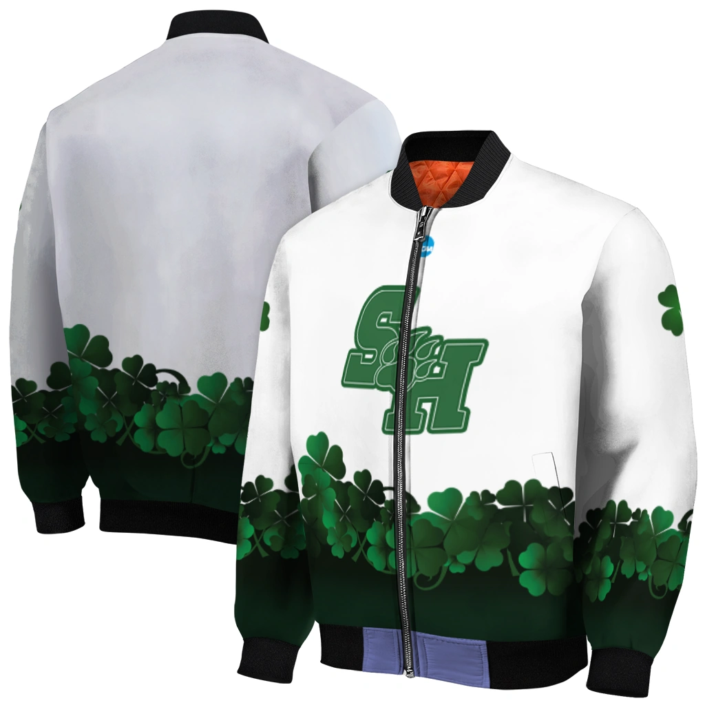 sam houston bearkats clovers pattern white green bomber jacket best selling sam houston bearkats clovers pattern white green bomber jacket best selling