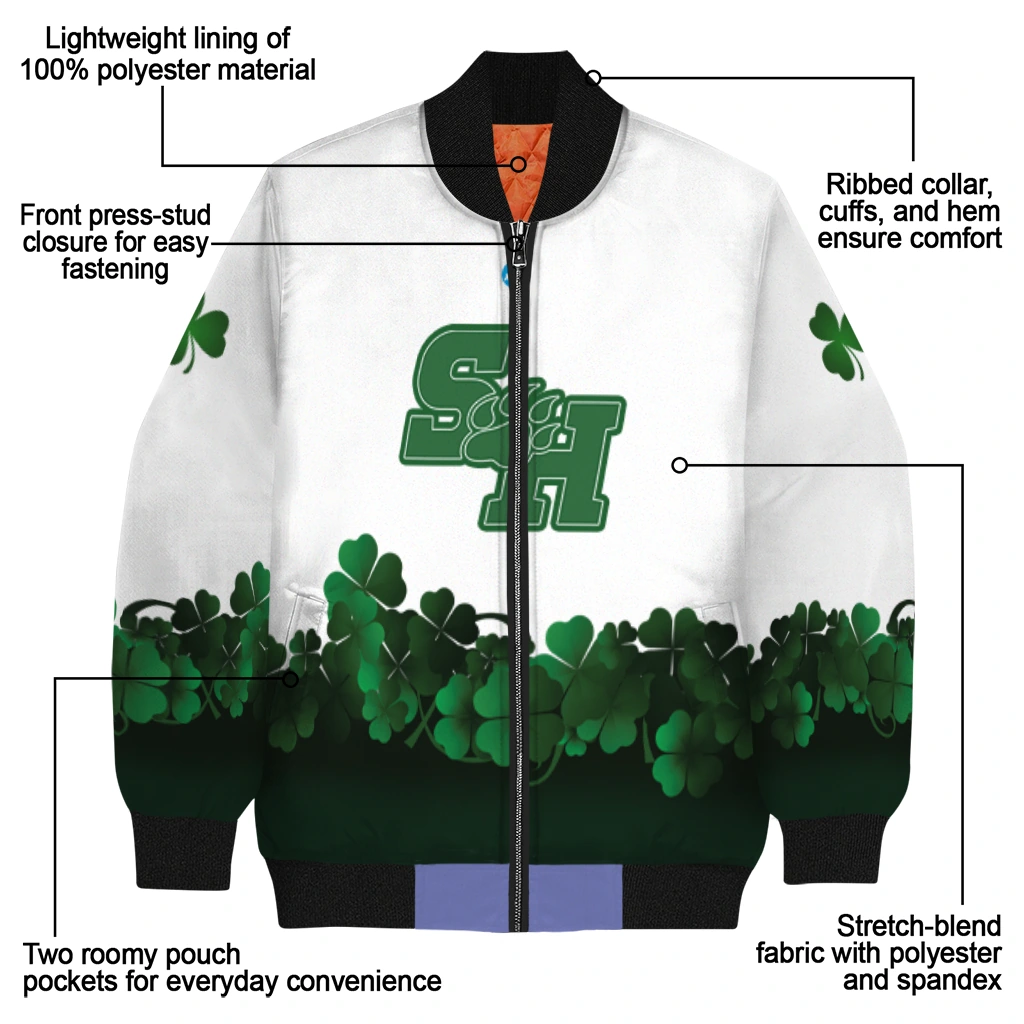 sam houston bearkats clovers pattern white green bomber jacket new arrival sam houston bearkats clovers pattern white green bomber jacket new arrival