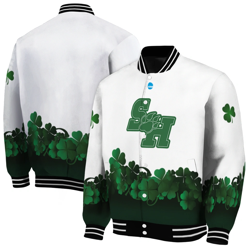 sam houston bearkats clovers pattern white green varsity jacket fashion forward sam houston bearkats clovers pattern white green varsity jacket fashion forward