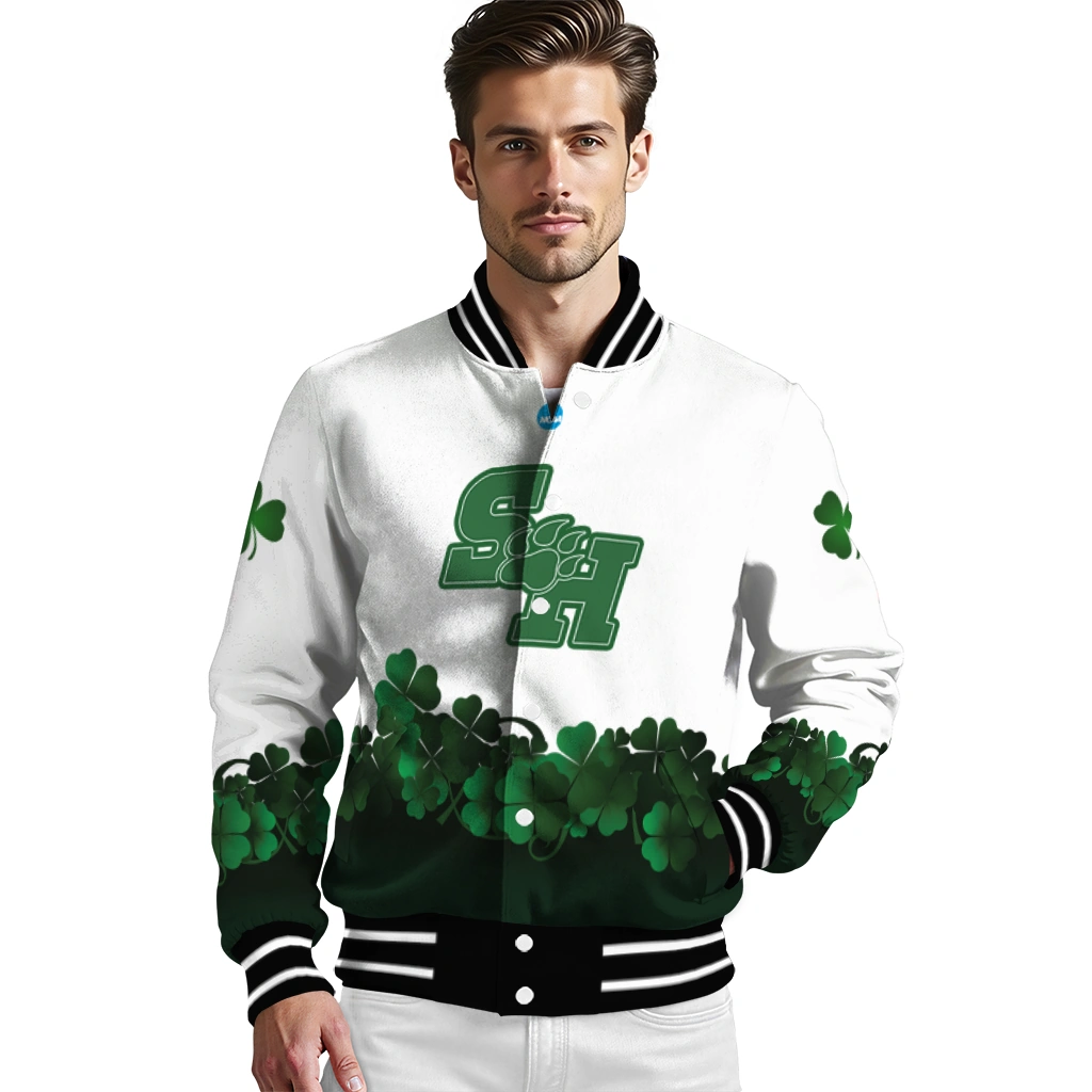 sam houston bearkats clovers pattern white green varsity jacket high quality sam houston bearkats clovers pattern white green varsity jacket high quality