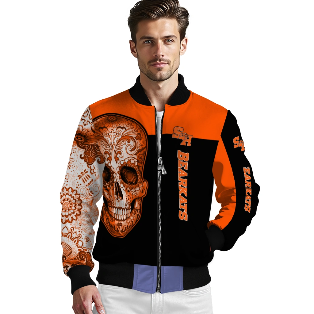 sam houston bearkats intricate skull orange black bomber jacket high quality sam houston bearkats intricate skull orange black bomber jacket high quality