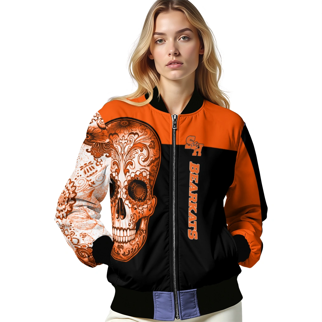 sam houston bearkats intricate skull orange black bomber jacket latest model sam houston bearkats intricate skull orange black bomber jacket latest model