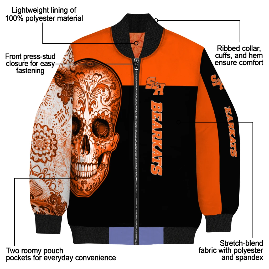 sam houston bearkats intricate skull orange black bomber jacket new arrival sam houston bearkats intricate skull orange black bomber jacket new arrival