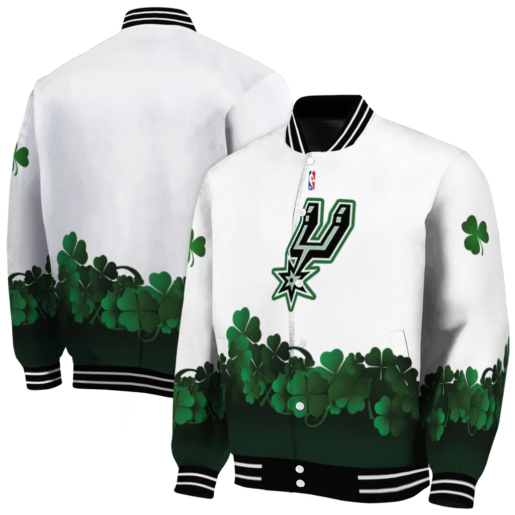 san antonio spurs clover pattern print white green varsity jacket fashion forward san antonio spurs clover pattern print white green varsity jacket fashion forward