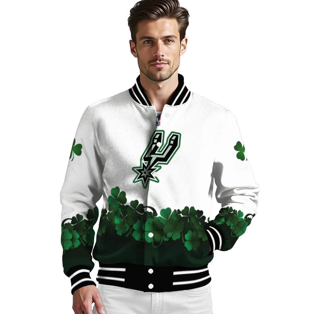 san antonio spurs clover pattern print white green varsity jacket high quality san antonio spurs clover pattern print white green varsity jacket high quality