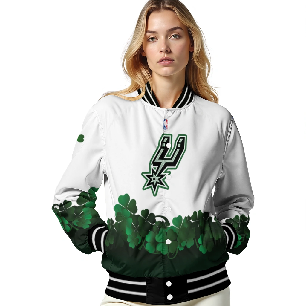 san antonio spurs clover pattern print white green varsity jacket latest model san antonio spurs clover pattern print white green varsity jacket latest model
