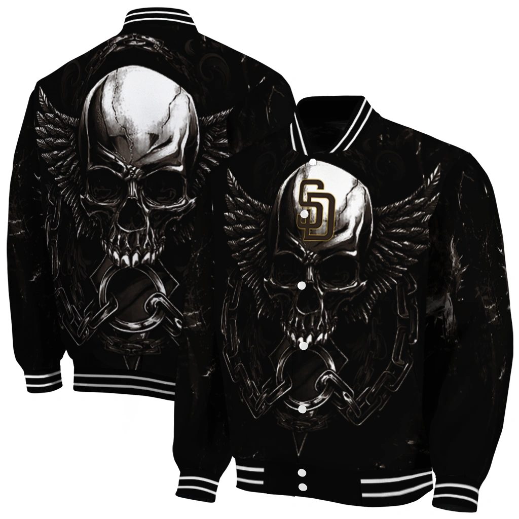 san diego padres skull bite brown black varsity jacket fashion forward san diego padres skull bite brown black varsity jacket fashion forward