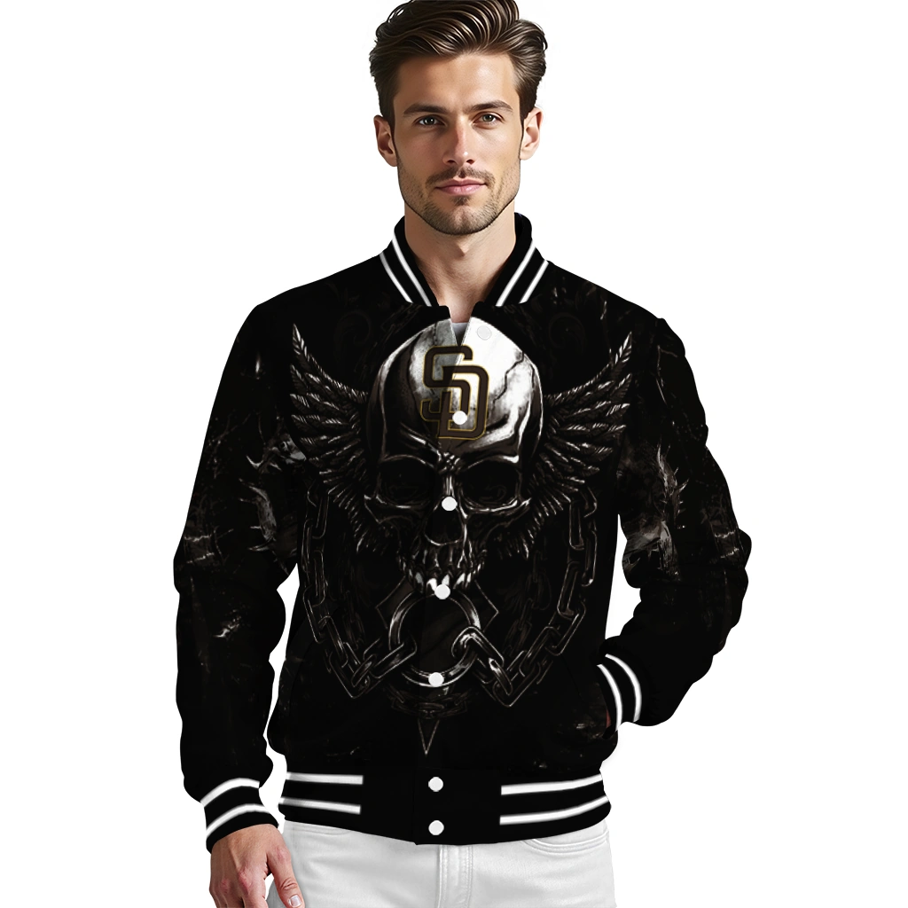 san diego padres skull bite brown black varsity jacket high quality san diego padres skull bite brown black varsity jacket high quality