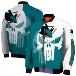 san jose sharks skull outline teal white bomber jacket best selling