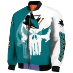 san jose sharks skull outline teal white bomber jacket best selling