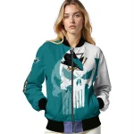san jose sharks skull outline teal white bomber jacket best selling