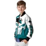 san jose sharks skull outline teal white bomber jacket best selling