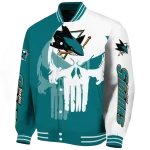 san jose sharks skull outline teal white varsity jacket best selling