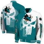 san jose sharks skull outline teal white varsity jacket best selling