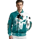 san jose sharks skull outline teal white varsity jacket best selling