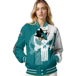 san jose sharks skull outline teal white varsity jacket best selling