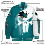 san jose sharks skull outline teal white varsity jacket best selling