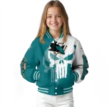 san jose sharks skull outline teal white varsity jacket best selling