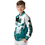 san jose sharks skull outline teal white varsity jacket best selling