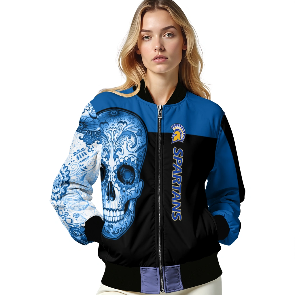 san jose state spartans intricate skull blue black bomber jacket latest model san jose state spartans intricate skull blue black bomber jacket latest model