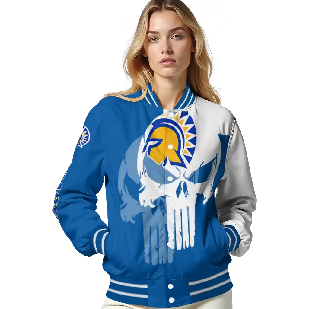 san jose state spartans skull outline blue white varsity jacket latest model san jose state spartans skull outline blue white varsity jacket latest model