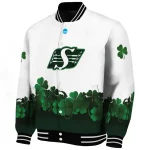 saskatchewan roughriders clovers pattern white green varsity jacket best selling
