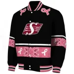 saskatchewan roughriders pink ribbon black pink varsity jacket best selling