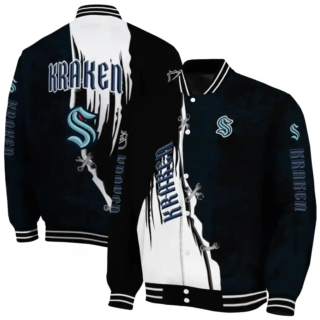 seattle kraken distressed slash blue black varsity jacket fashion forward seattle kraken distressed slash blue black varsity jacket fashion forward
