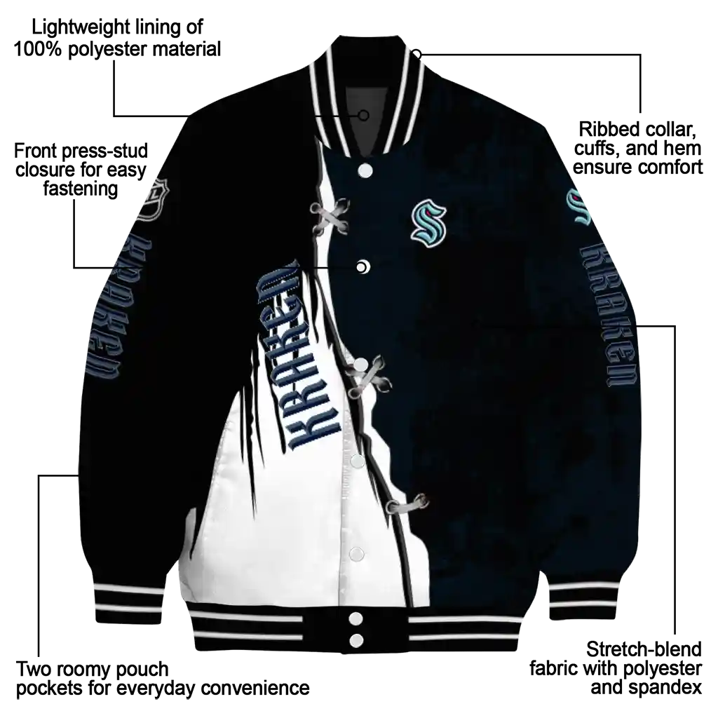 seattle kraken distressed slash blue black varsity jacket new arrival seattle kraken distressed slash blue black varsity jacket new arrival