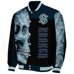 seattle kraken fire skull blue black varsity jacket best selling