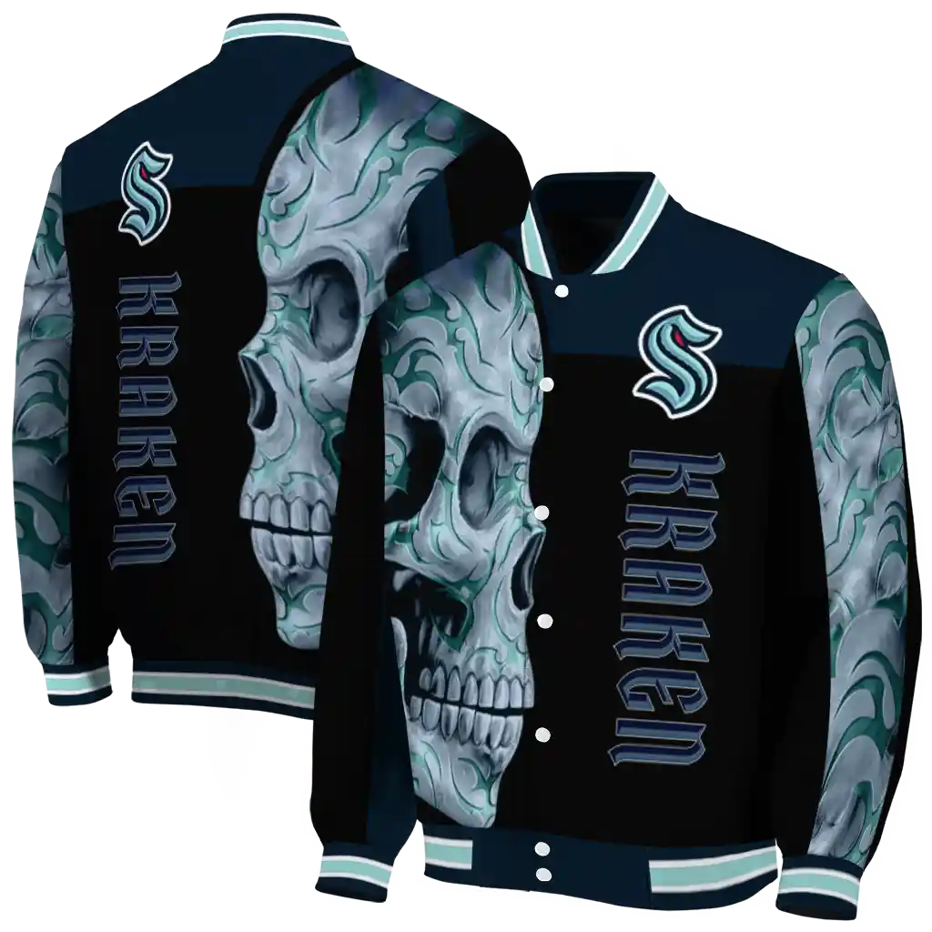 seattle kraken fire skull blue black varsity jacket fashion forward seattle kraken fire skull blue black varsity jacket fashion forward