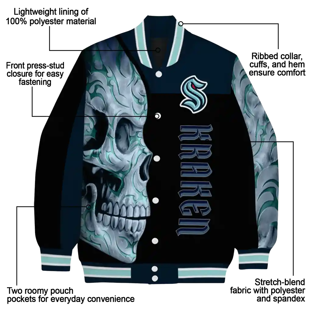 seattle kraken fire skull blue black varsity jacket new arrival seattle kraken fire skull blue black varsity jacket new arrival