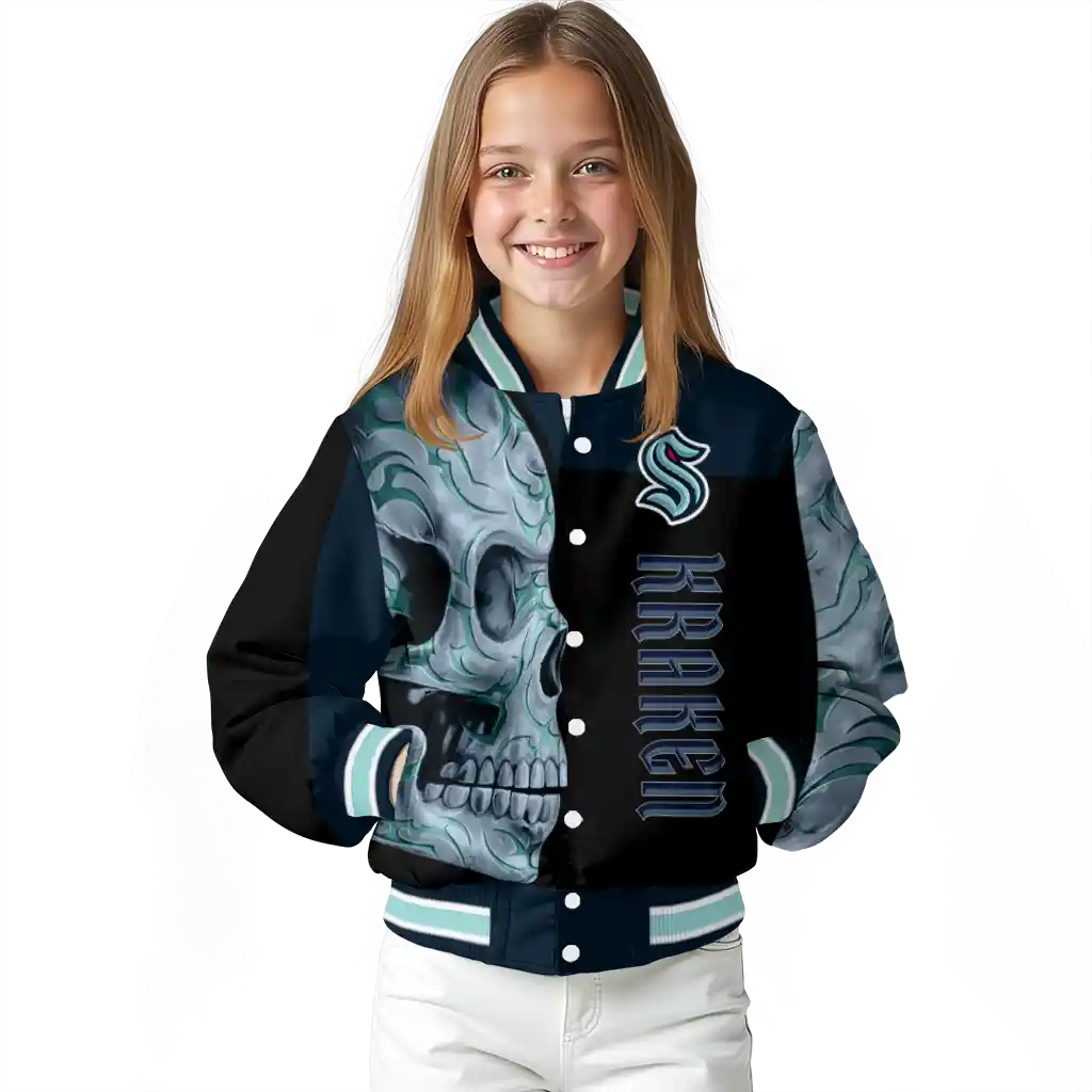 seattle kraken fire skull blue black varsity jacket top rated seattle kraken fire skull blue black varsity jacket top rated