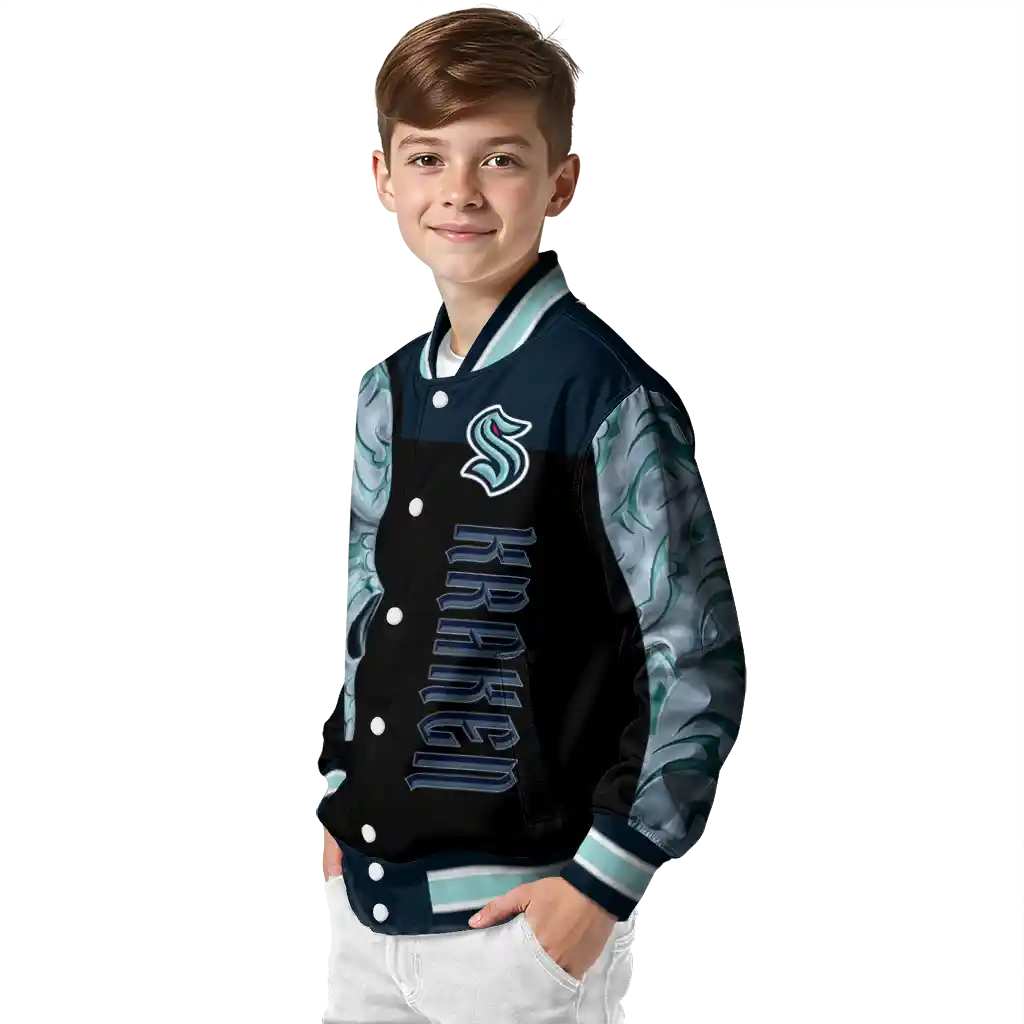 seattle kraken fire skull blue black varsity jacket trendy seattle kraken fire skull blue black varsity jacket trendy
