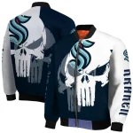 seattle kraken skull outline blue white bomber jacket best selling