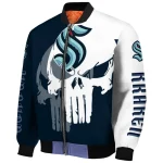 seattle kraken skull outline blue white bomber jacket best selling