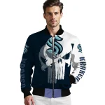 seattle kraken skull outline blue white bomber jacket best selling