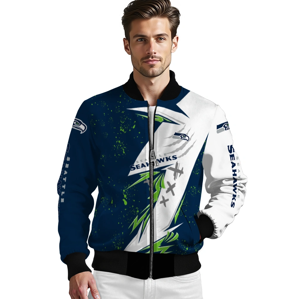 seattle seahawks ripped bolt blue white bomber jacket high quality seattle seahawks ripped bolt blue white bomber jacket high quality