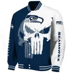 seattle seahawks skull outline blue white varsity jacket best selling
