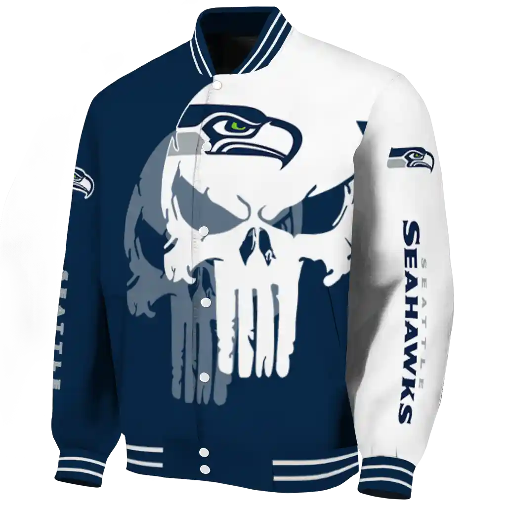 seattle seahawks skull outline blue white varsity jacket best selling seattle seahawks skull outline blue white varsity jacket best selling