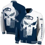 seattle seahawks skull outline blue white varsity jacket best selling