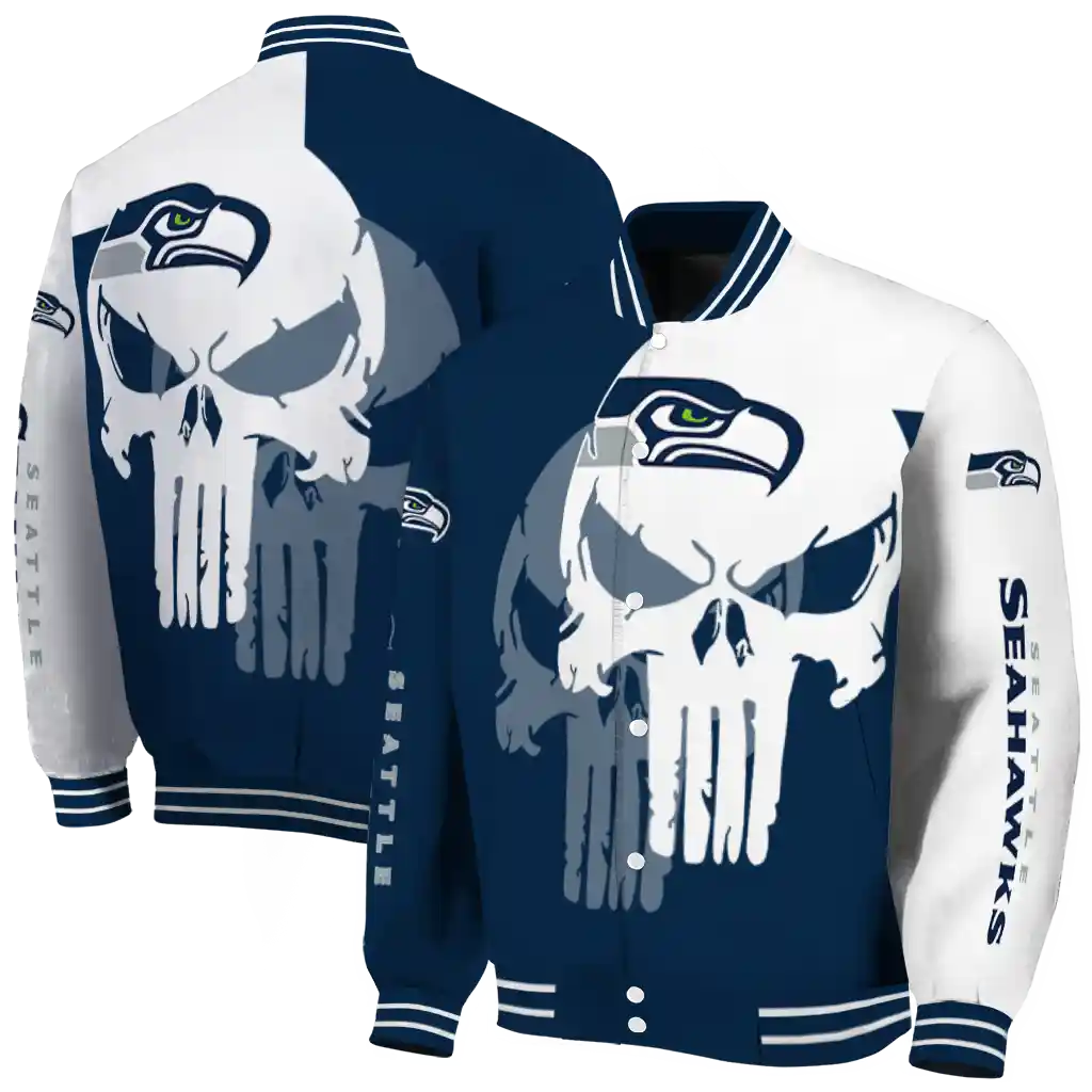 seattle seahawks skull outline blue white varsity jacket fashion forward seattle seahawks skull outline blue white varsity jacket fashion forward