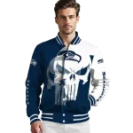 seattle seahawks skull outline blue white varsity jacket best selling