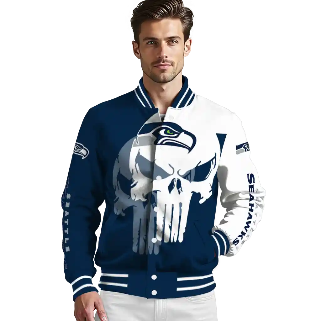 seattle seahawks skull outline blue white varsity jacket high quality seattle seahawks skull outline blue white varsity jacket high quality