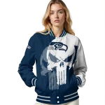 seattle seahawks skull outline blue white varsity jacket best selling